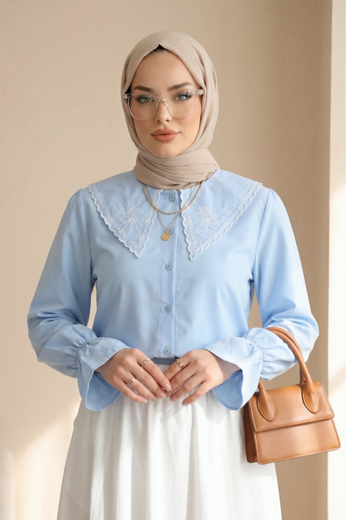 Bebe Yaka Fistolu Kolu Lastikli Poplin Gömlek Bluz -Bebe Mavi