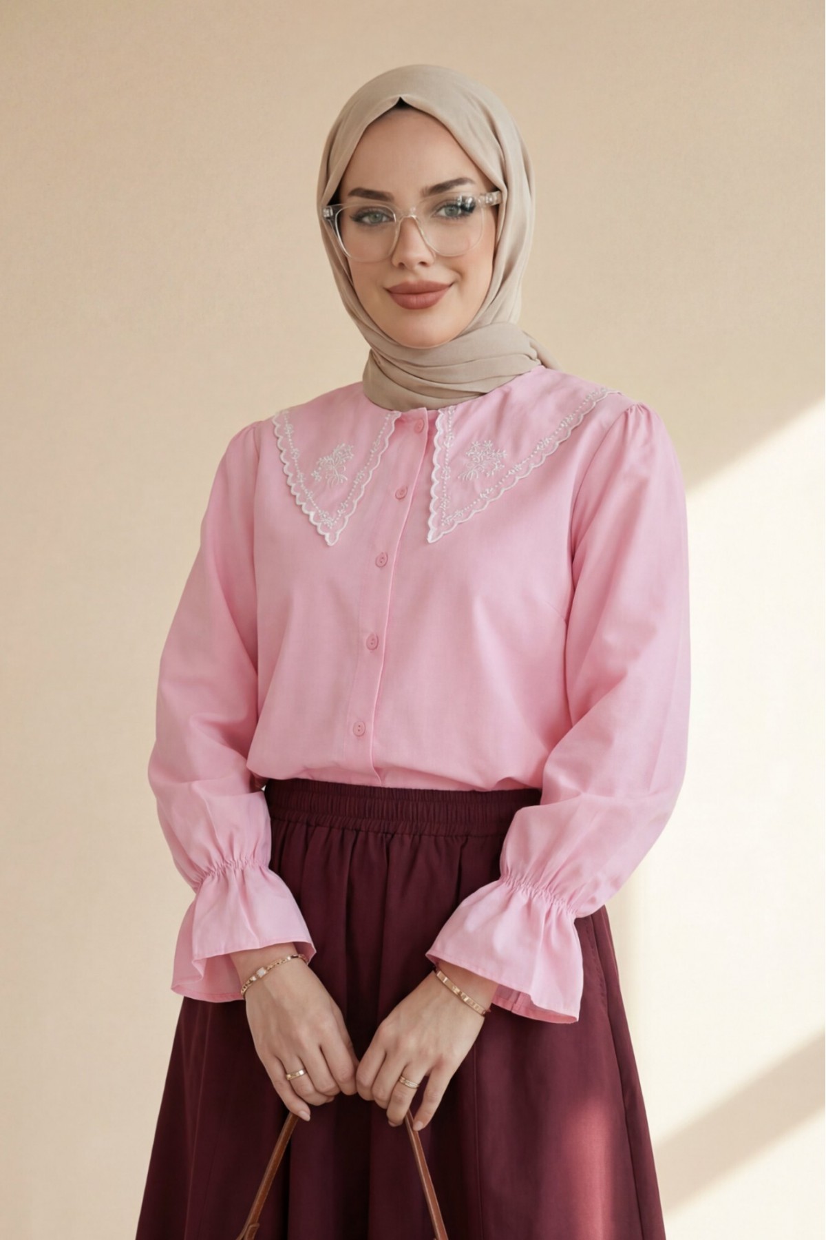 Bebe Yaka Fistolu Kolu Lastikli Poplin Gömlek Bluz -Pembe