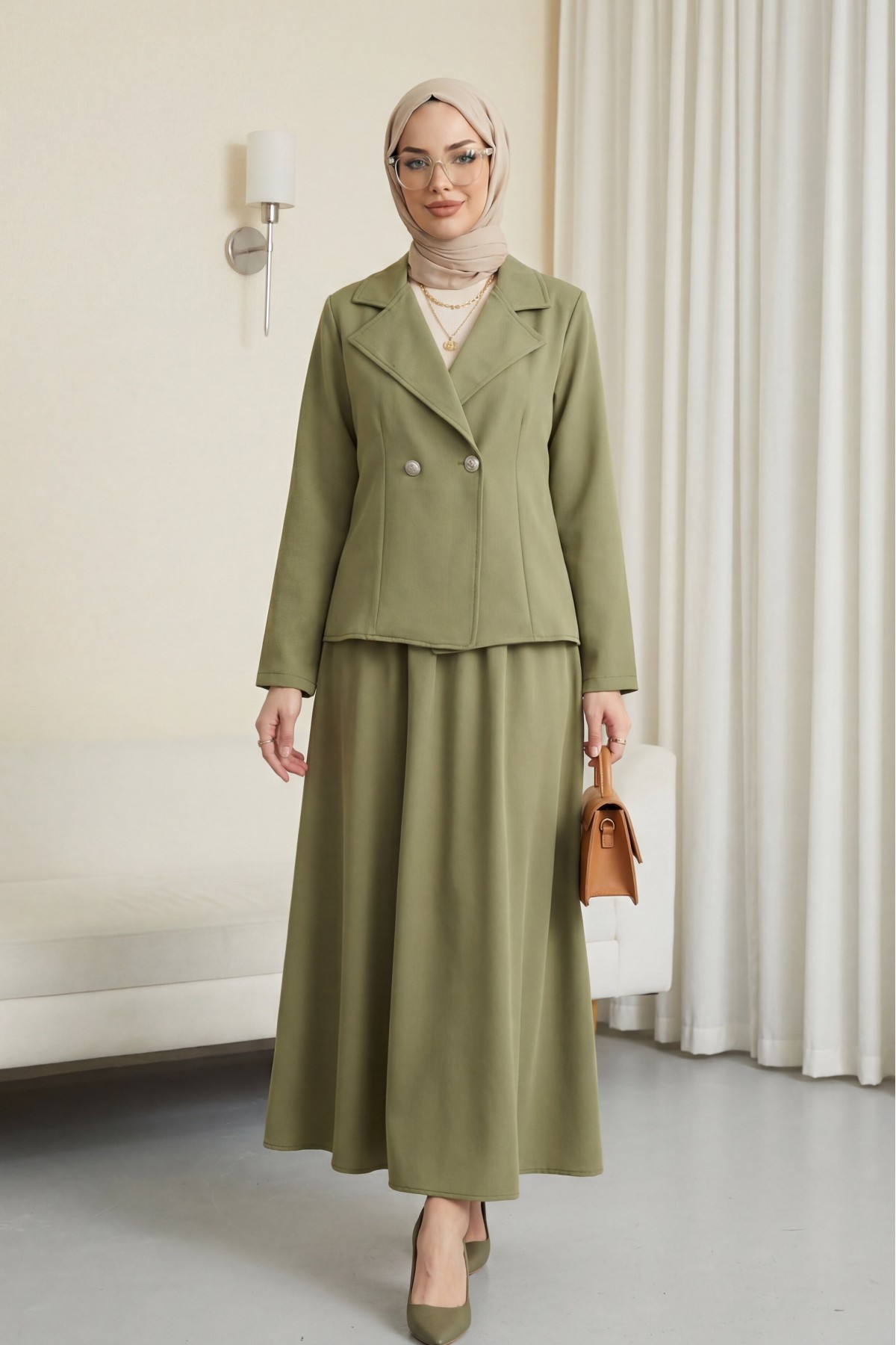 Önü Çift Düğmeli Kruvaze Yaka Ceket Etek Double Krep Takım   -Çağla Y.