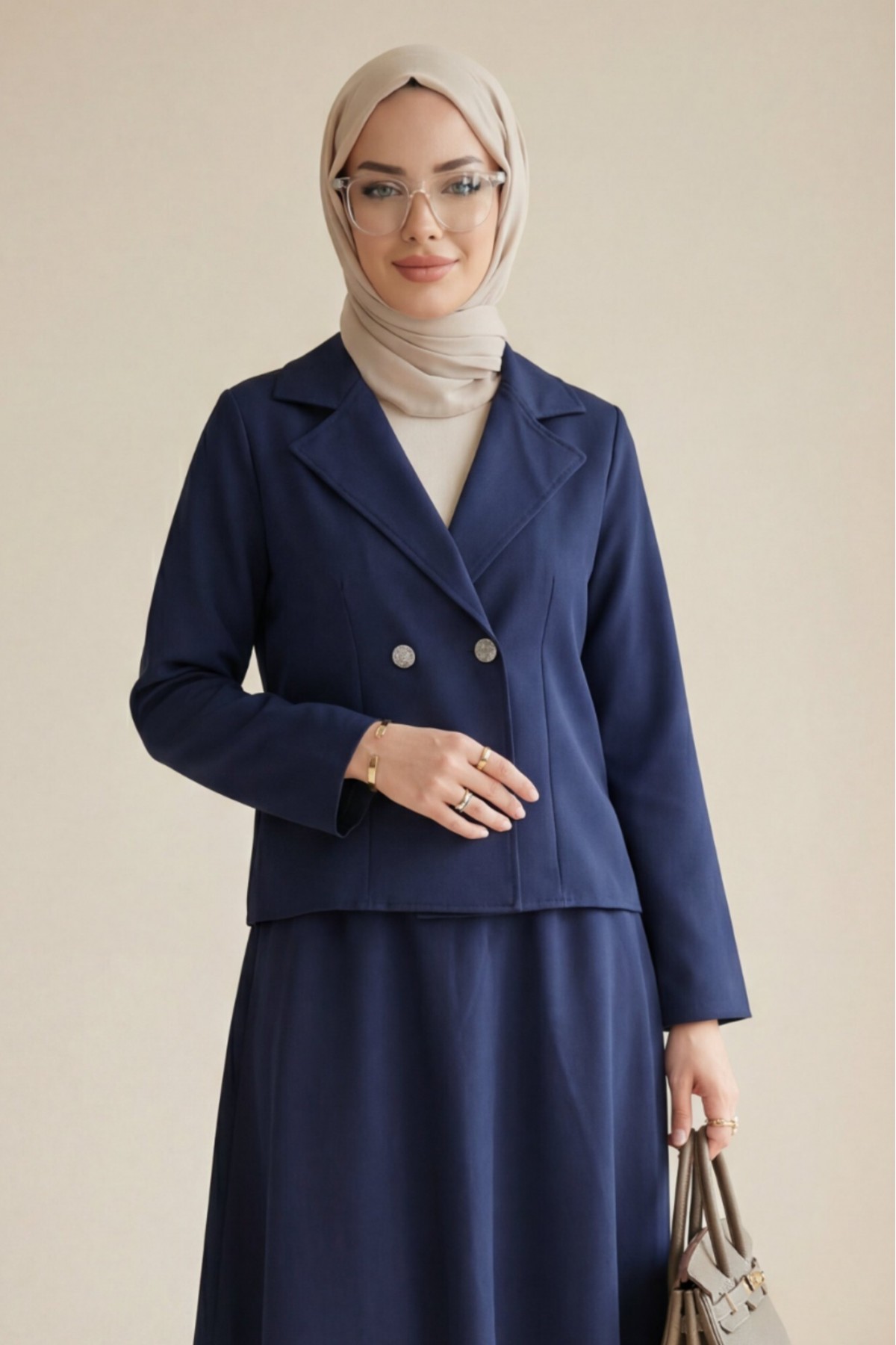 Önü Çift Düğmeli Kruvaze Yaka Ceket Etek Double Krep Takım   -Laci