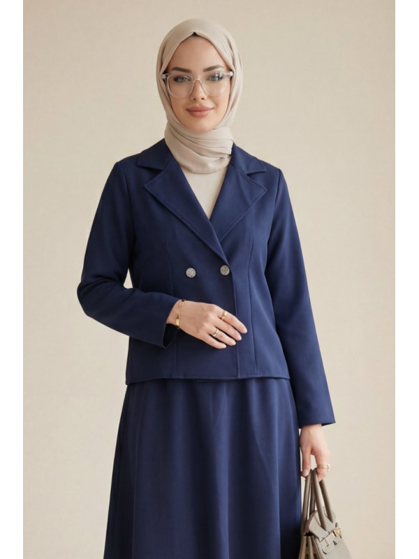 Önü Çift Düğmeli Kruvaze Yaka Ceket Etek Double Krep Takım   -Laci