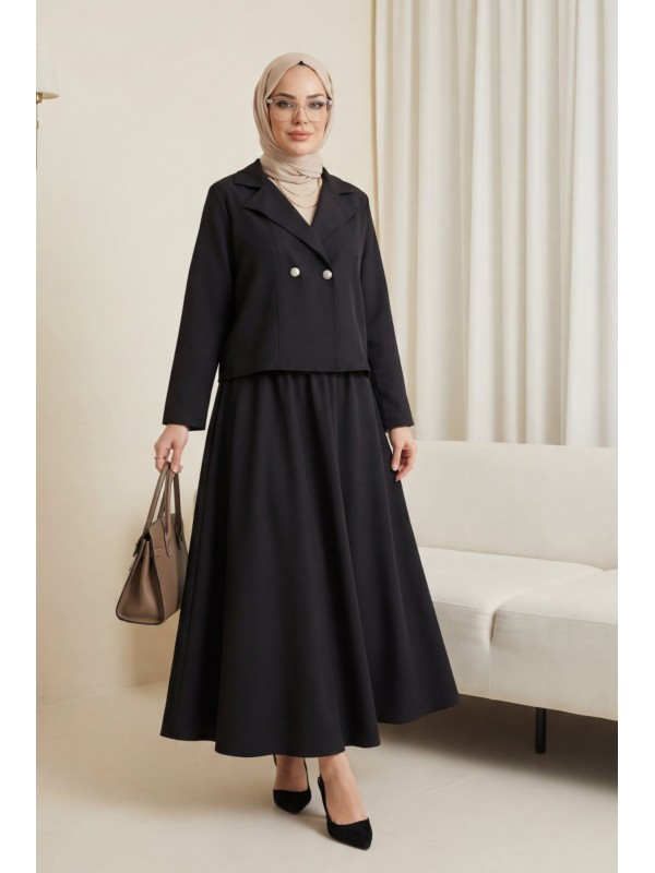 Önü Çift Düğmeli Kruvaze Yaka Ceket Etek Double Krep Takım   -Siyah