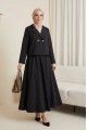 Önü Çift Düğmeli Kruvaze Yaka Ceket Etek Double Krep Takım   -Siyah