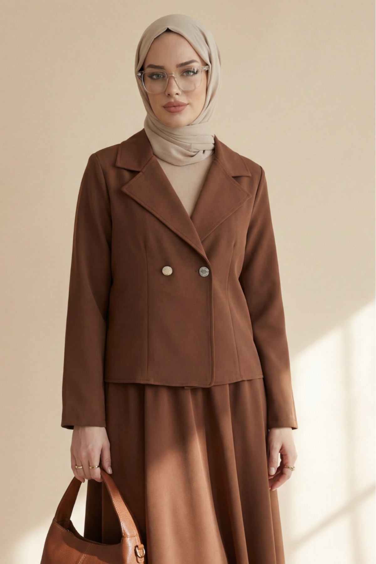 Önü Çift Düğmeli Kruvaze Yaka Ceket Etek Double Krep Takım   -Taba