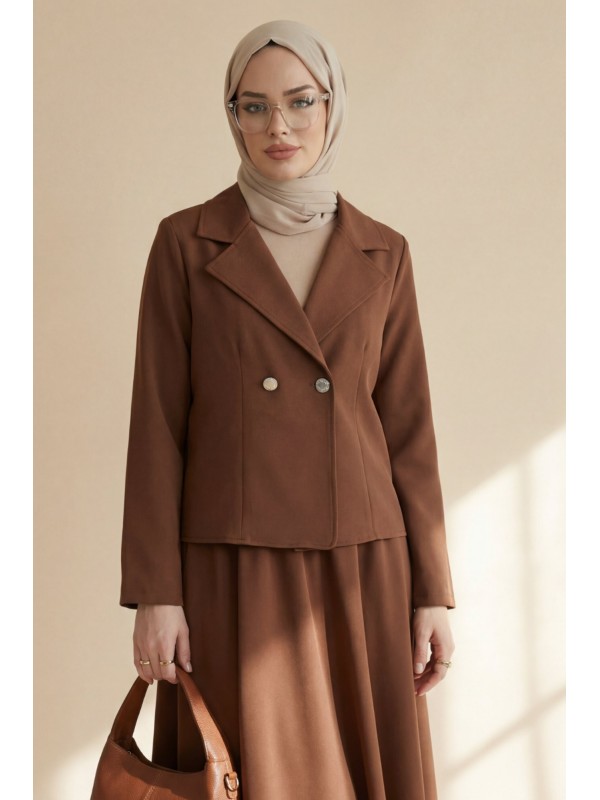 Önü Çift Düğmeli Kruvaze Yaka Ceket Etek Double Krep Takım   -Taba