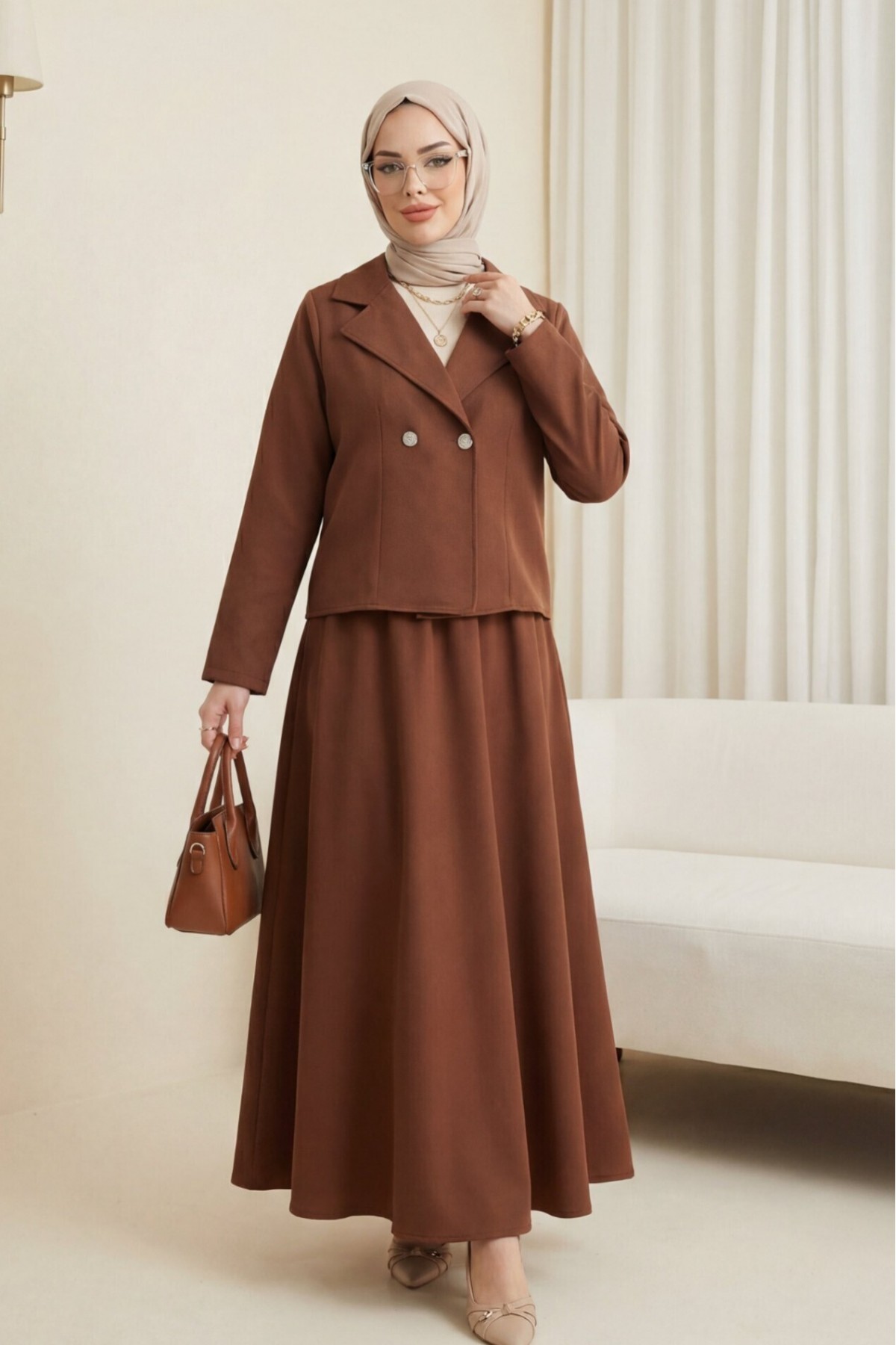 Önü Çift Düğmeli Kruvaze Yaka Ceket Etek Double Krep Takım   -Taba