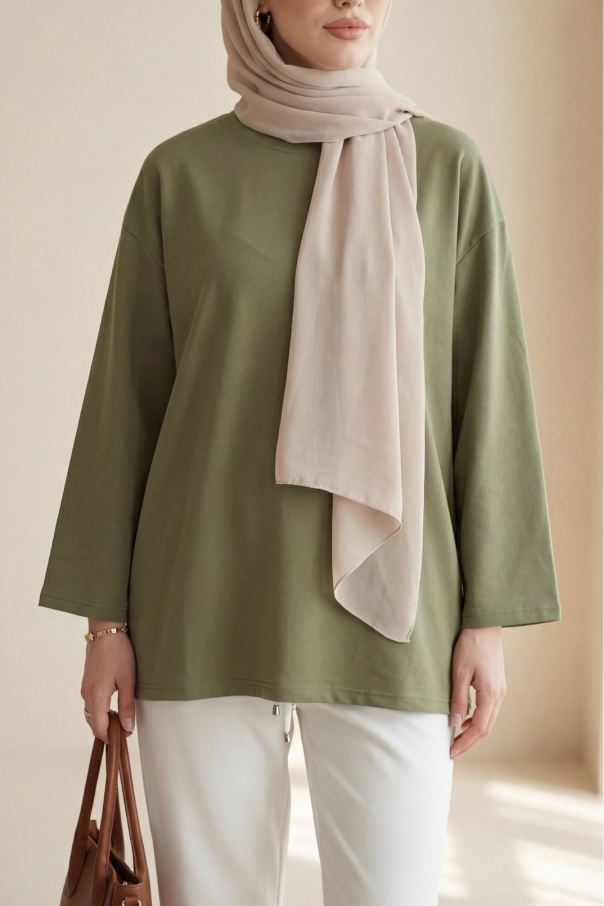 Yuvarlak Yaka Salaş Penye Tunik  -Haki