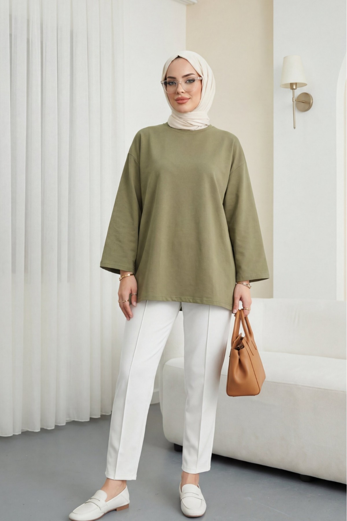 Yuvarlak Yaka Salaş Penye Tunik  -Haki
