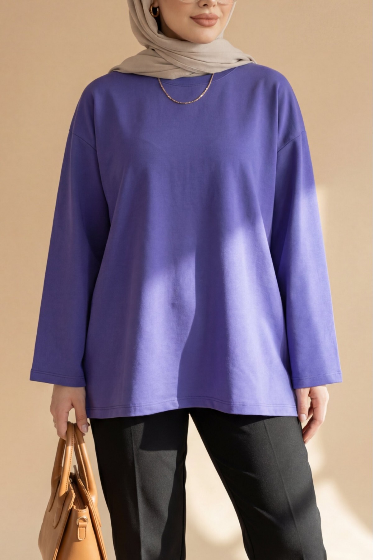 Yuvarlak Yaka Salaş Penye Tunik  -Mor