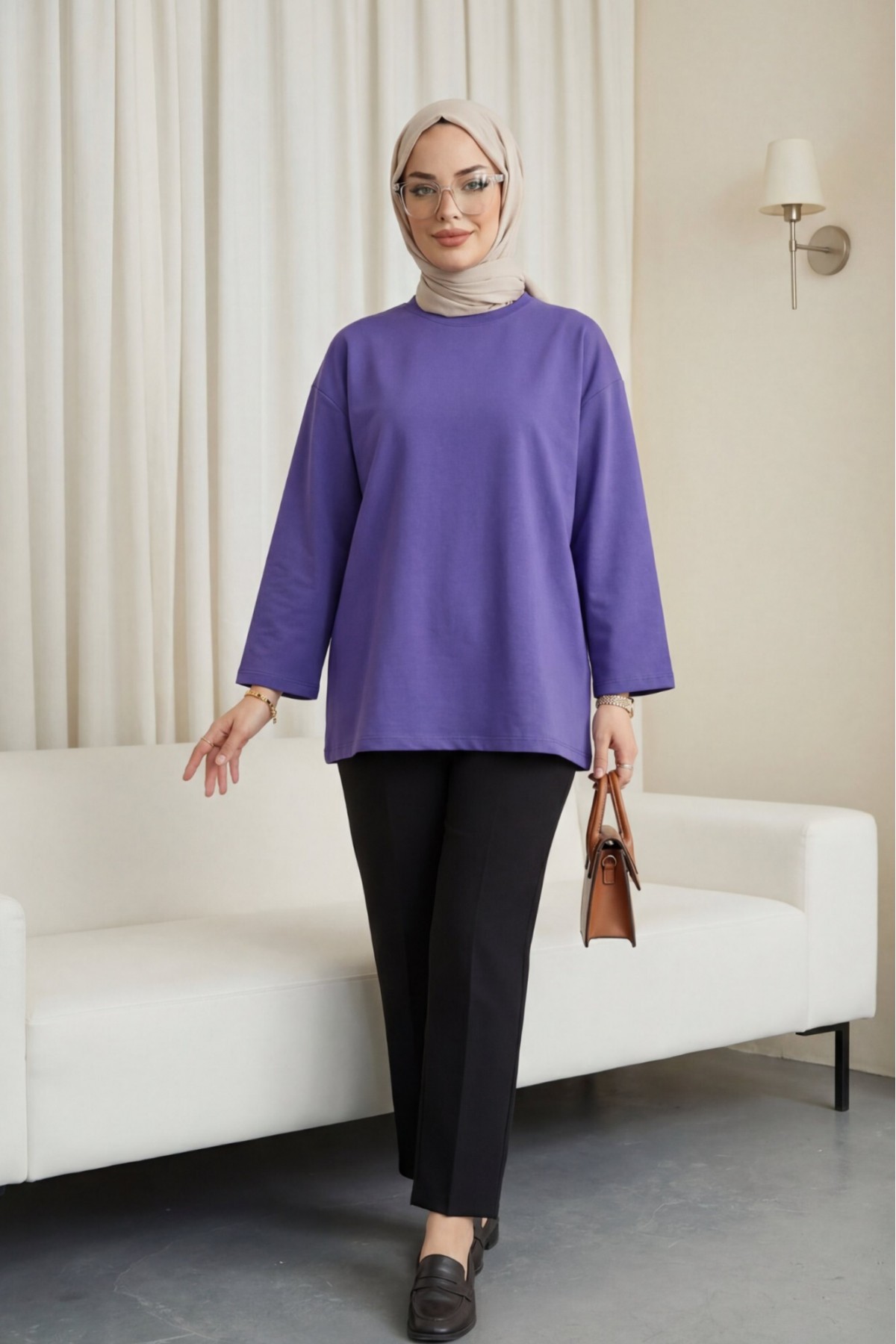 Yuvarlak Yaka Salaş Penye Tunik  -Mor