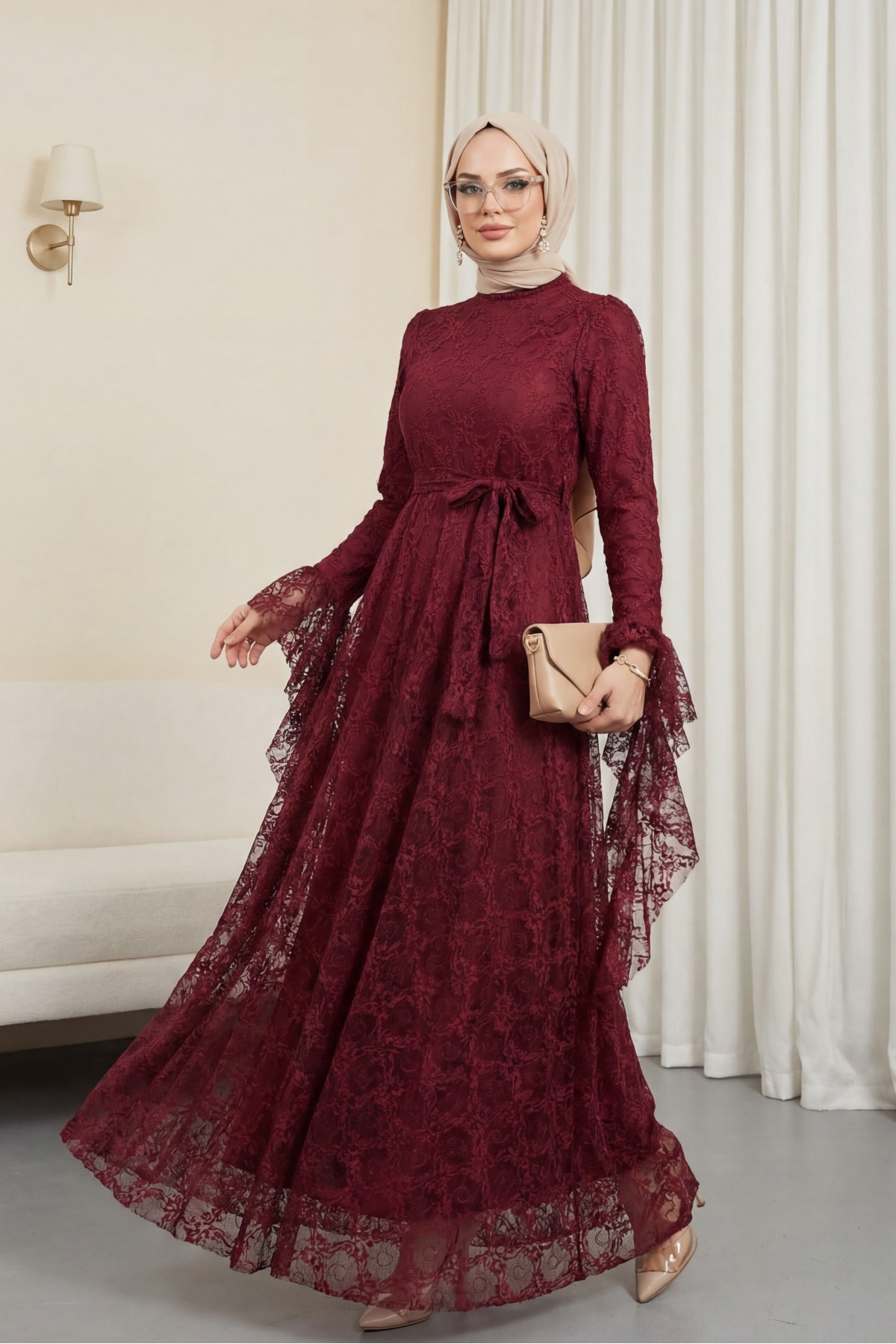 Çiçek Desenli Güpür Dantelli Kolu Volanlı Kemerli Astarlı Elbise -Bordo