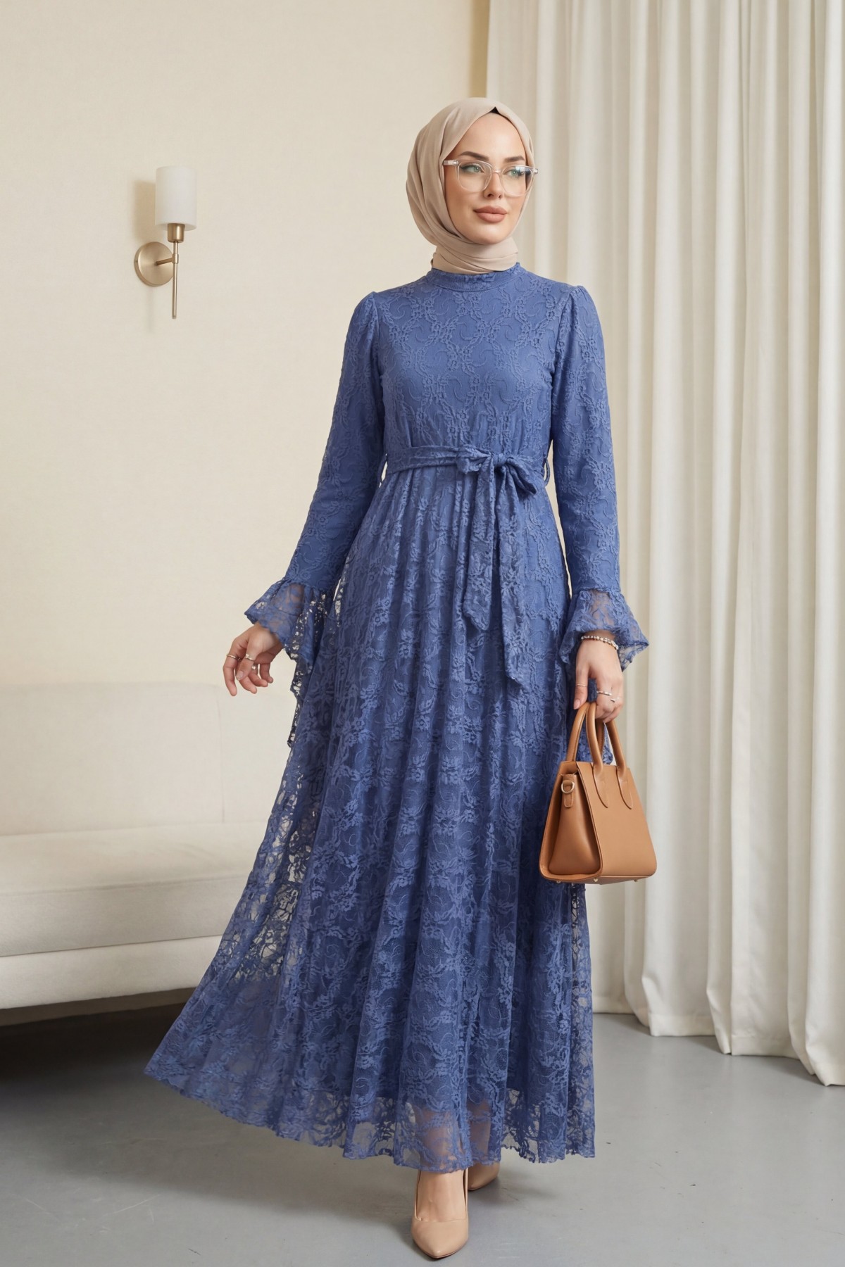 Çiçek Desenli Güpür Dantelli Kolu Volanlı Kemerli Astarlı Elbise -İndigo