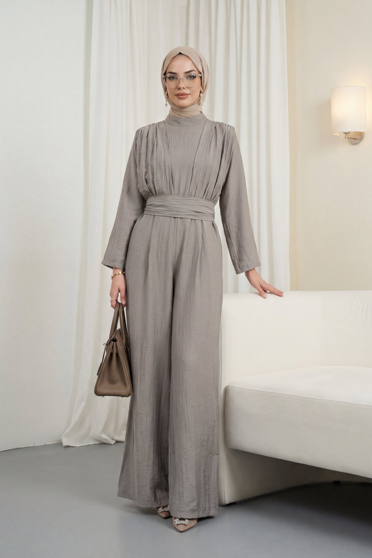 Dik Yaka Pilise Detaylı Cepli Kemerli Çilek Tulum -Toprak