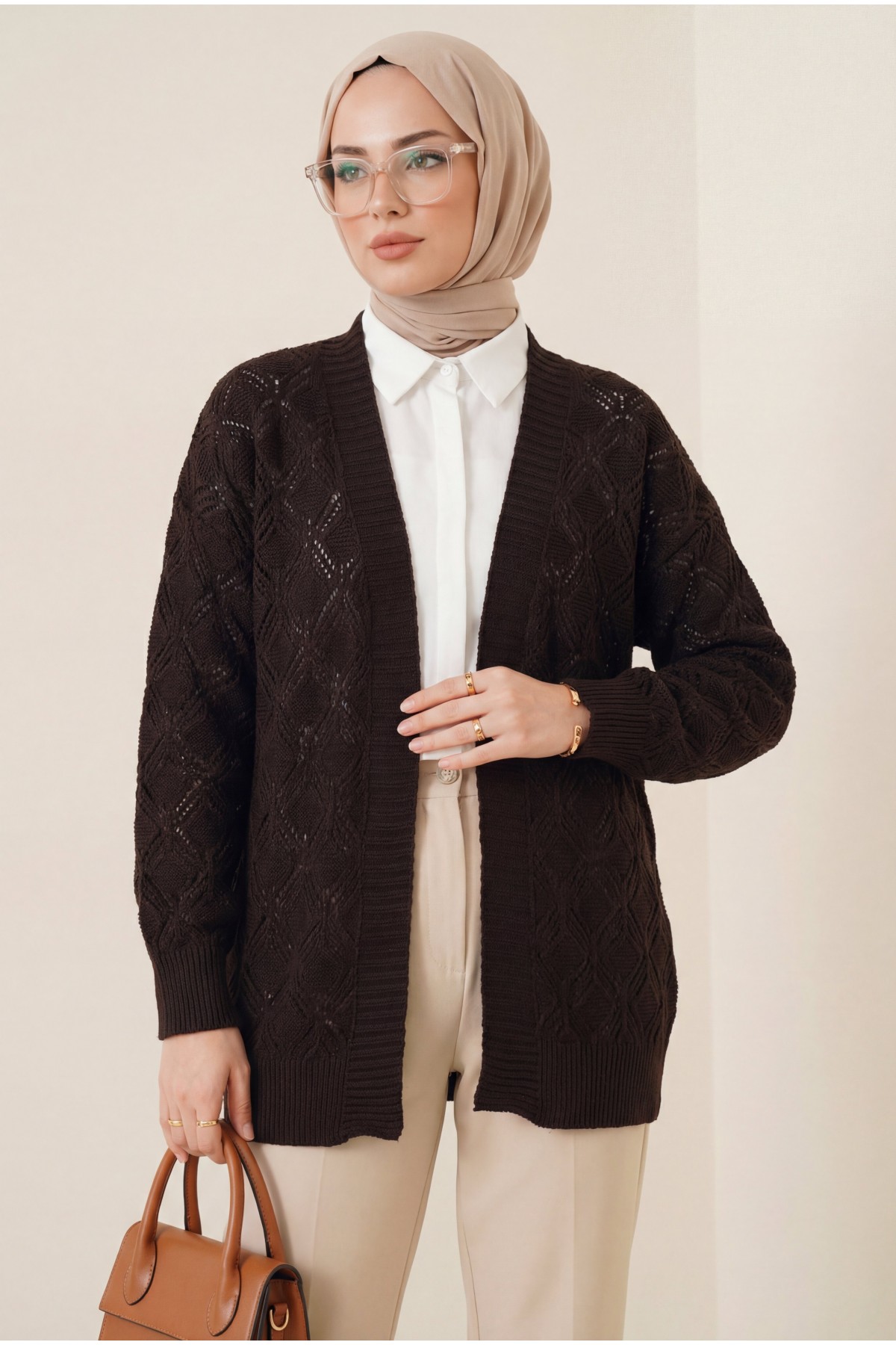 Desenli Araboy Örme Triko Hırka -Kahve