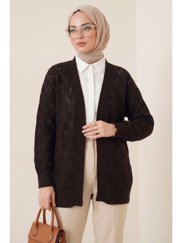 Desenli Araboy Örme Triko Hırka -Kahve