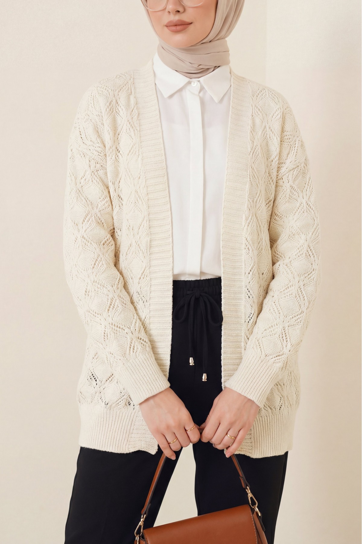 Desenli Araboy Örme Triko Hırka -Krem