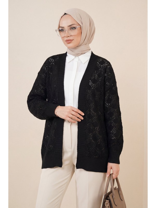 Desenli Araboy Örme Triko Hırka -Siyah