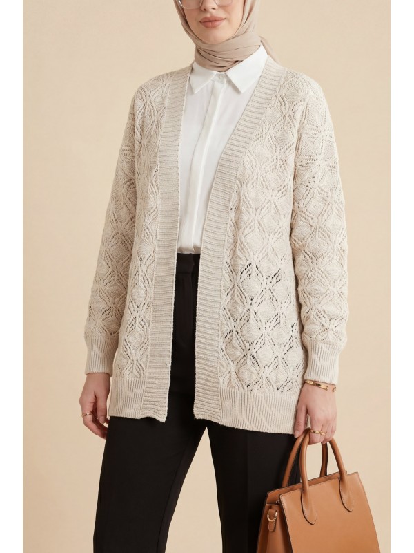 Desenli Araboy Örme Triko Hırka -Taş