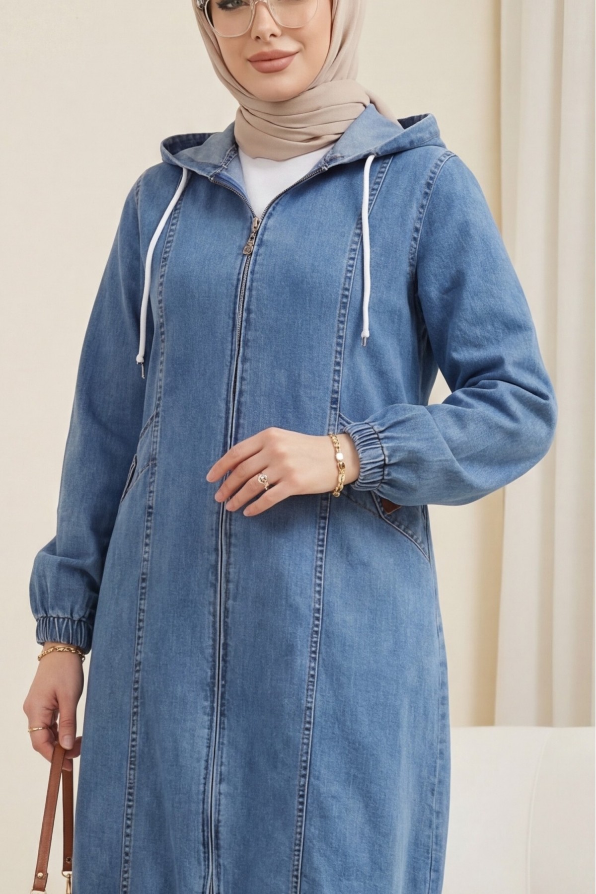 Kapşonlu Cepli Kolu Lastikli Önü Fermuarlı Kot Kap -Buz Mavi