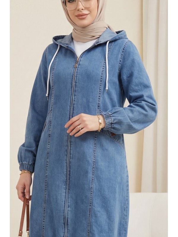 Kapşonlu Cepli Kolu Lastikli Önü Fermuarlı Kot Kap -Buz Mavi