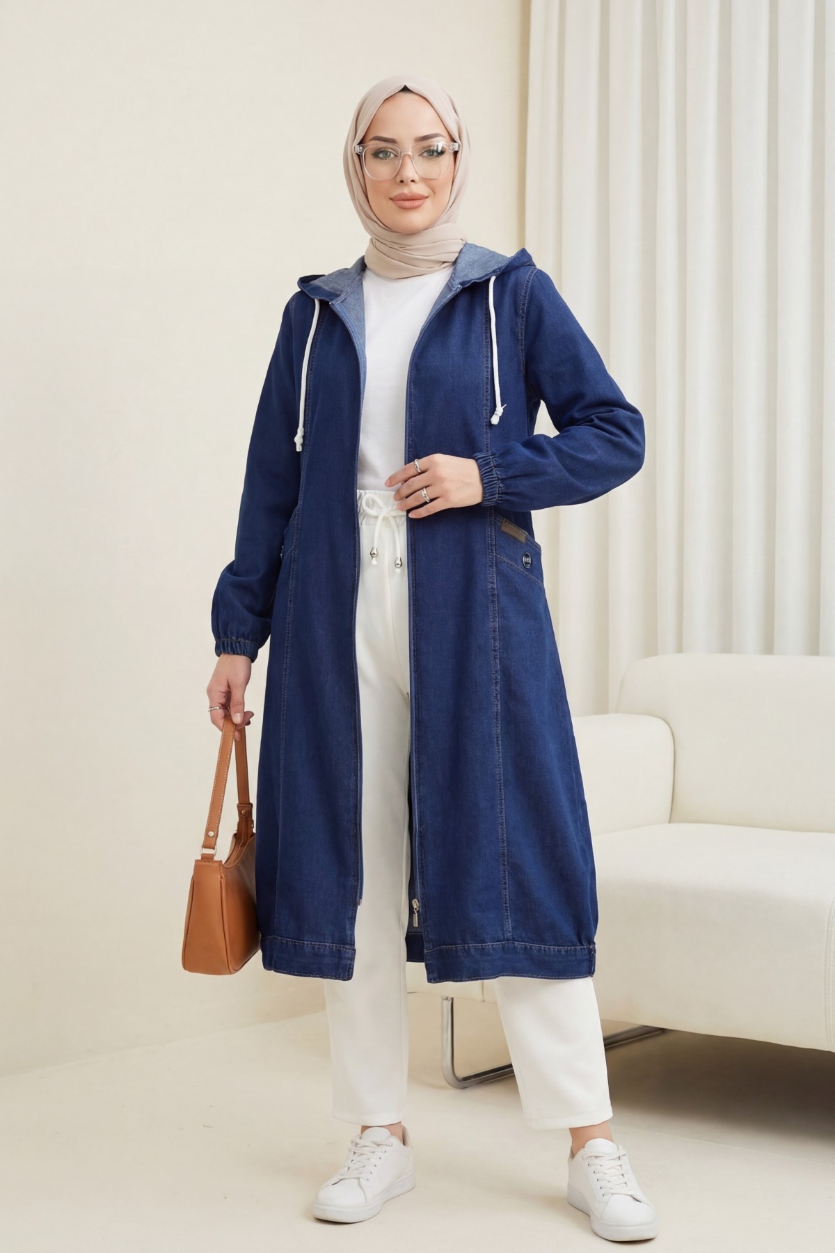 Kapşonlu Cepli Kolu Lastikli Önü Fermuarlı Kot Kap -Laci