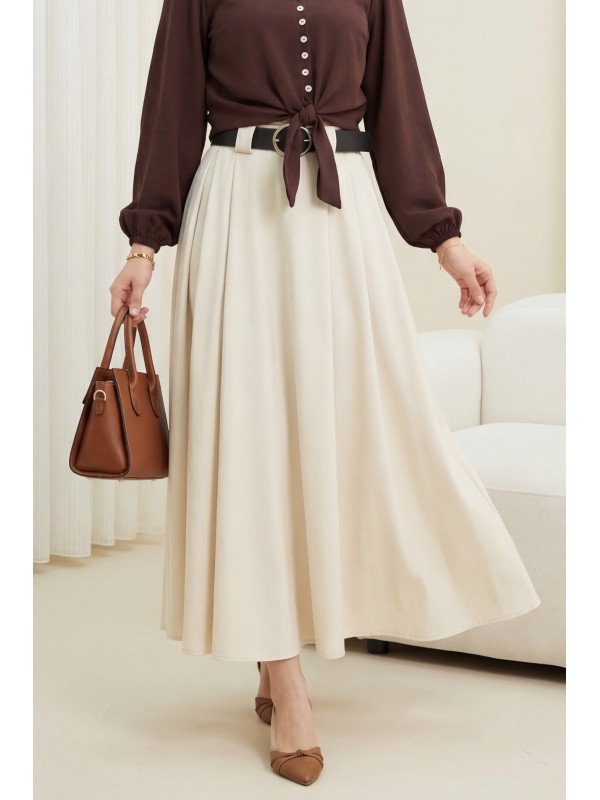 Kalın Kemerli Önü Pileli Yan Cepli Fermuarlı Tivil Etek -Bej