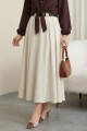Kalın Kemerli Önü Pileli Yan Cepli Fermuarlı Tivil Etek -Bej