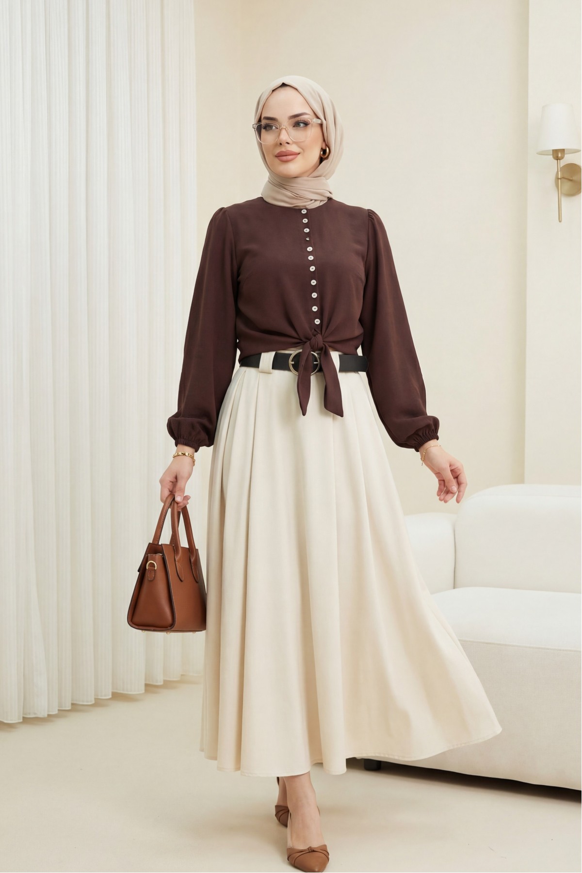 Kalın Kemerli Önü Pileli Yan Cepli Fermuarlı Tivil Etek -Bej