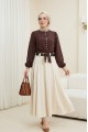 Kalın Kemerli Önü Pileli Yan Cepli Fermuarlı Tivil Etek -Bej