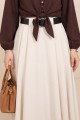 Kalın Kemerli Önü Pileli Yan Cepli Fermuarlı Tivil Etek -Bej