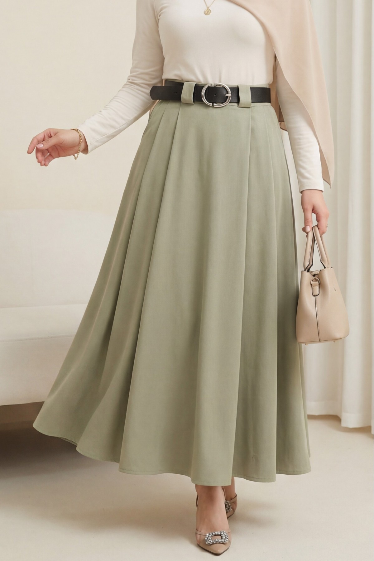 Kalın Kemerli Önü Pileli Yan Cepli Fermuarlı Tivil Etek -Haki