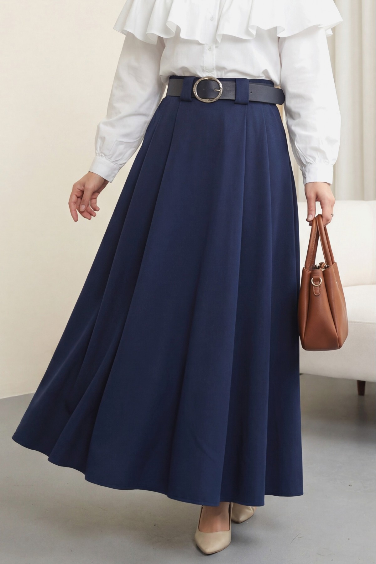 Kalın Kemerli Önü Pileli Yan Cepli Fermuarlı Tivil Etek -Laci