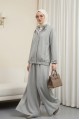 Yakası Ve Kol Manşeti Kemerli Ceketli Pileli Bol Paça Pantolonlu Okyanus Takım -Açık Gri