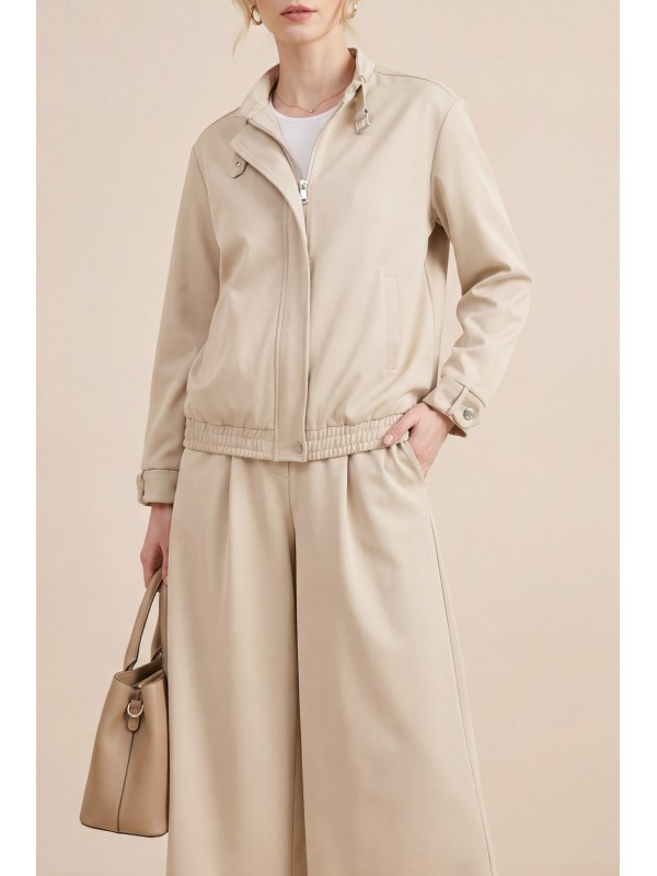 Yakası Ve Kol Manşeti Kemerli Ceketli Pileli Bol Paça Pantolonlu Okyanus Takım -Bej