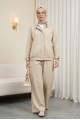 Yakası Ve Kol Manşeti Kemerli Ceketli Pileli Bol Paça Pantolonlu Okyanus Takım -Bej