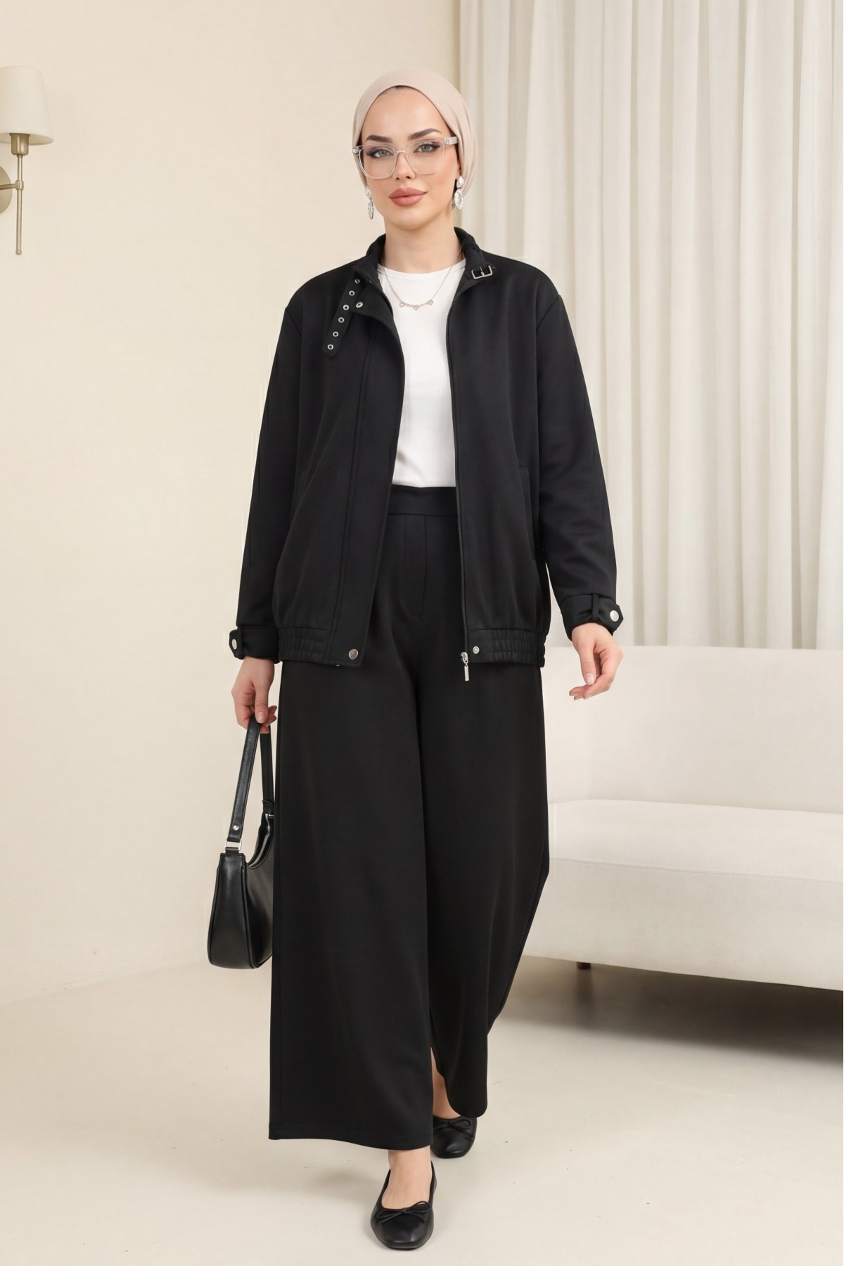 Yakası Ve Kol Manşeti Kemerli Ceketli Pileli Bol Paça Pantolonlu Okyanus Takım -Siyah