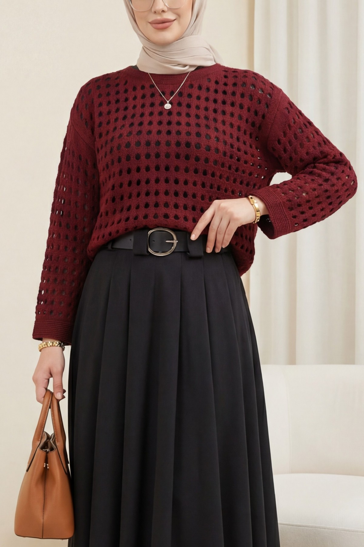 Kayık Yaka Ajurlu Triko Kazak -Bordo