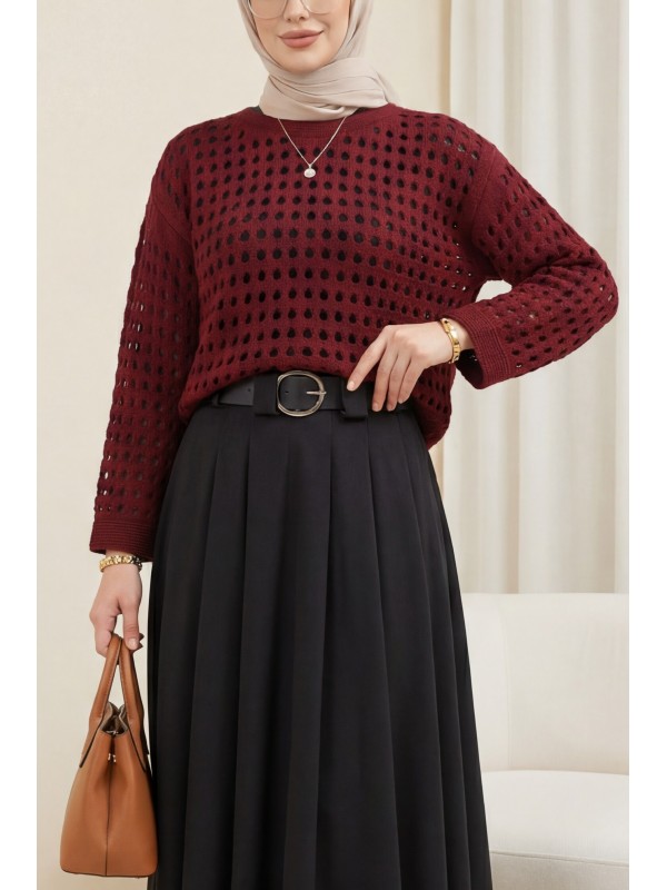 Kayık Yaka Ajurlu Triko Kazak -Bordo