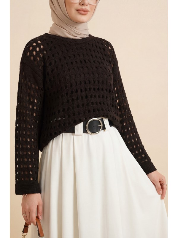 Kayık Yaka Ajurlu Triko Kazak -K. Kahve