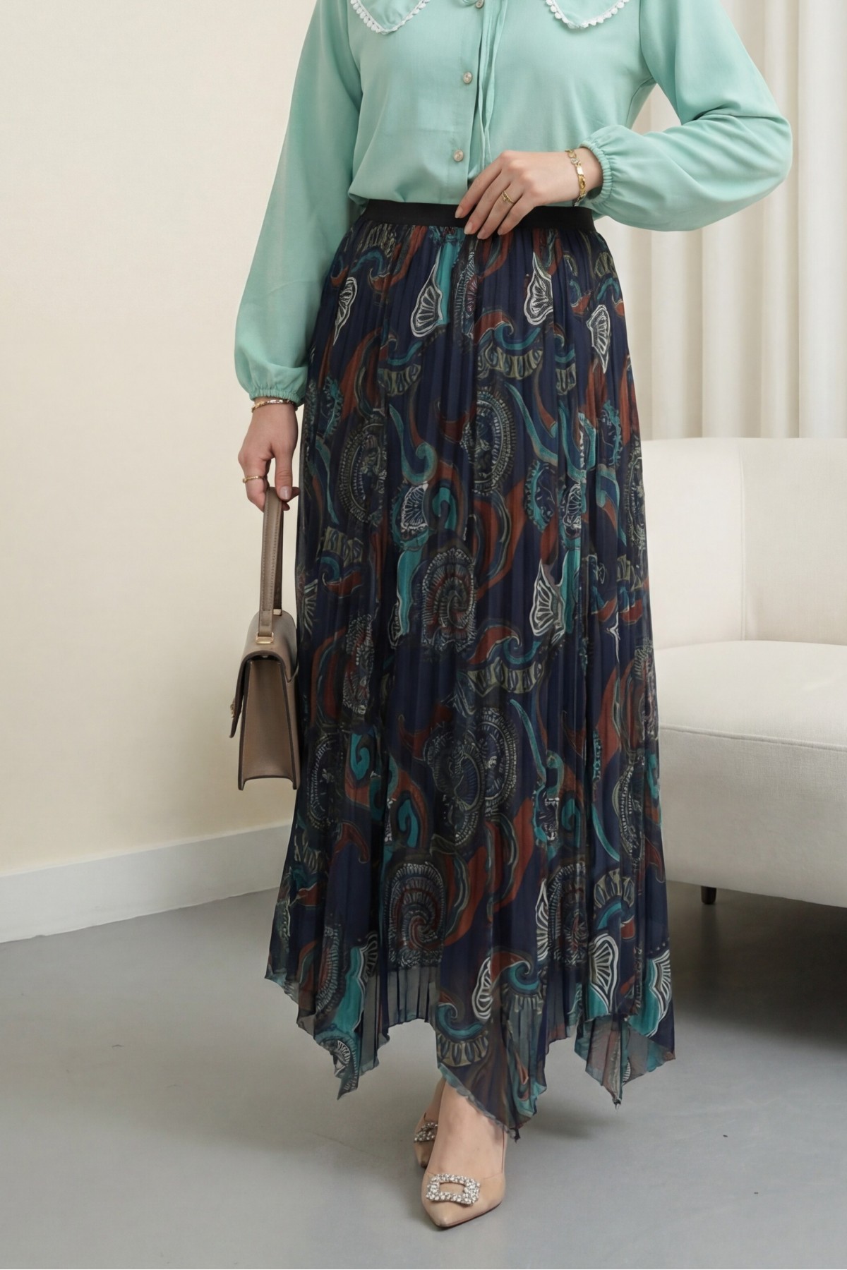 Karışık Desen Beli Lastikli Asimetrik Kesim Astarlı Tül Etek -Su Yeşili