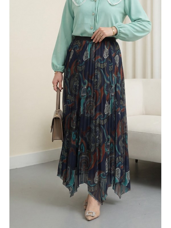 Karışık Desen Beli Lastikli Asimetrik Kesim Astarlı Tül Etek -Su Yeşili