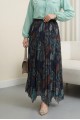 Karışık Desen Beli Lastikli Asimetrik Kesim Astarlı Tül Etek -Su Yeşili