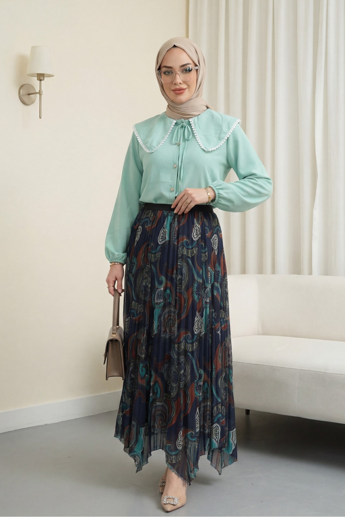 Karışık Desen Beli Lastikli Asimetrik Kesim Astarlı Tül Etek -Su Yeşili