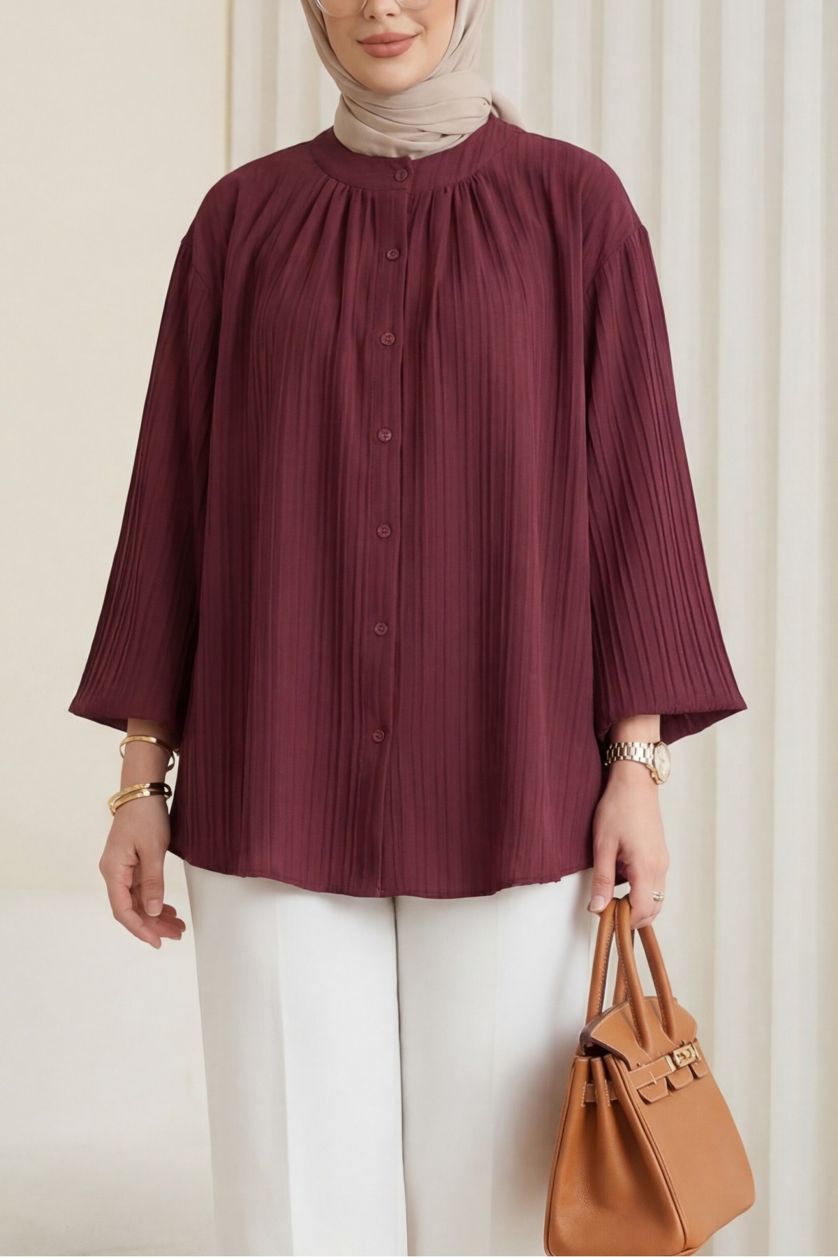 Yuvarlak Yaka Düğmeli İspanyol Kol Siena Tunik -Bordo