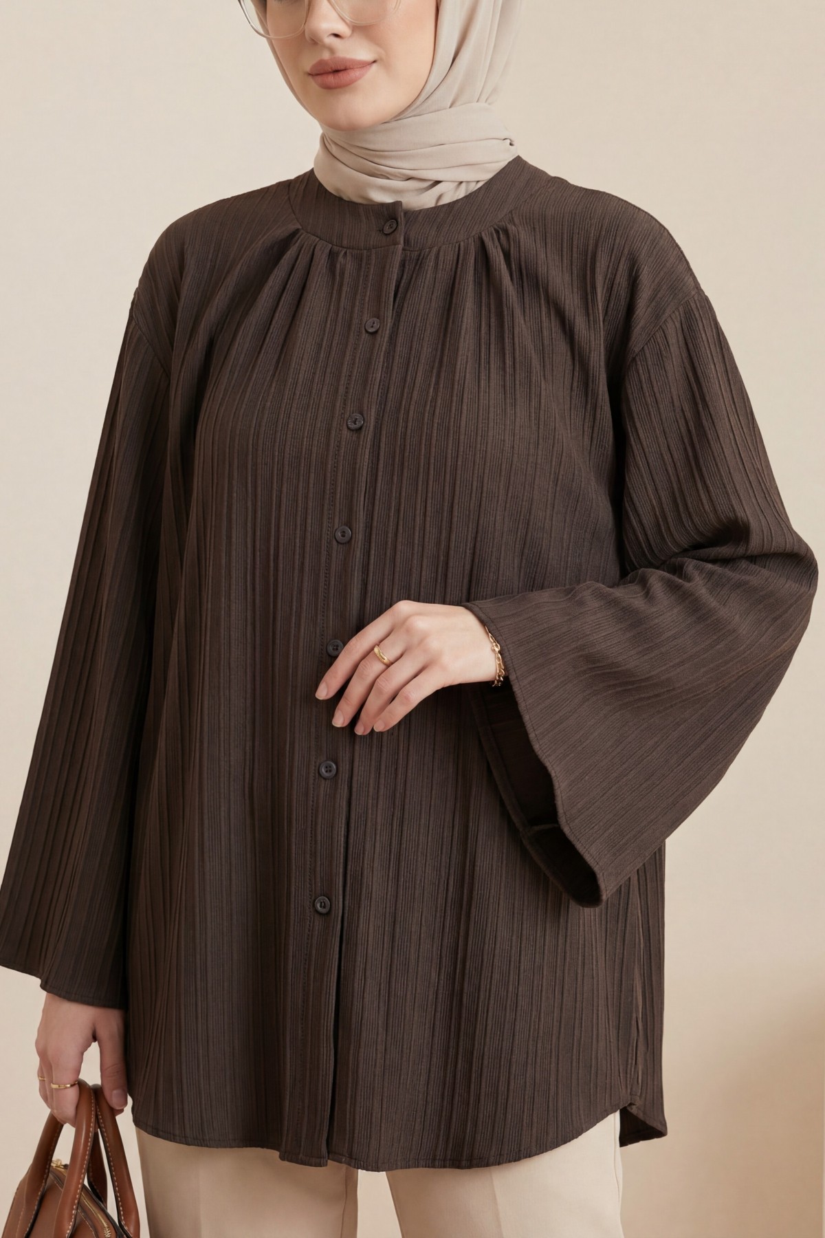 Yuvarlak Yaka Düğmeli İspanyol Kol Siena Tunik -K. Kahve