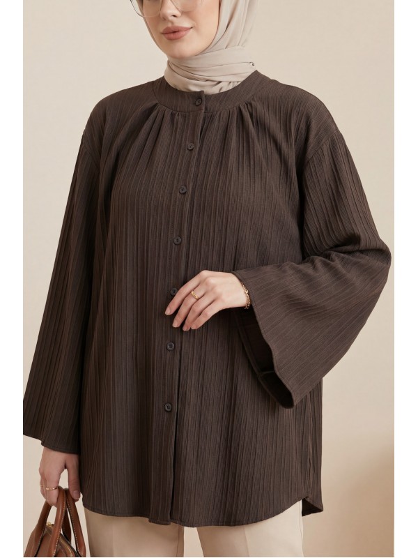 Yuvarlak Yaka Düğmeli İspanyol Kol Siena Tunik -K. Kahve