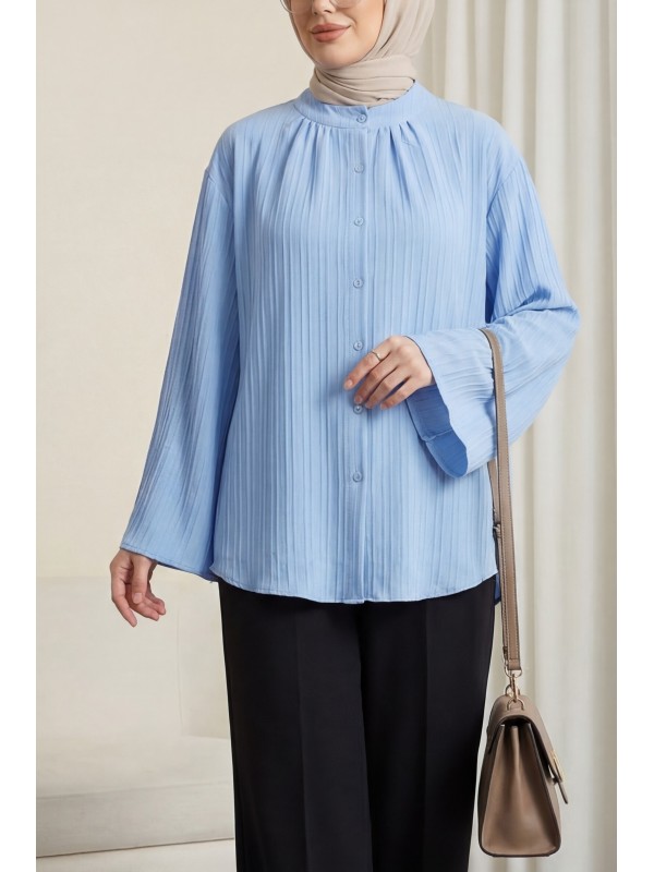 Yuvarlak Yaka Düğmeli İspanyol Kol Siena Tunik -Mavi