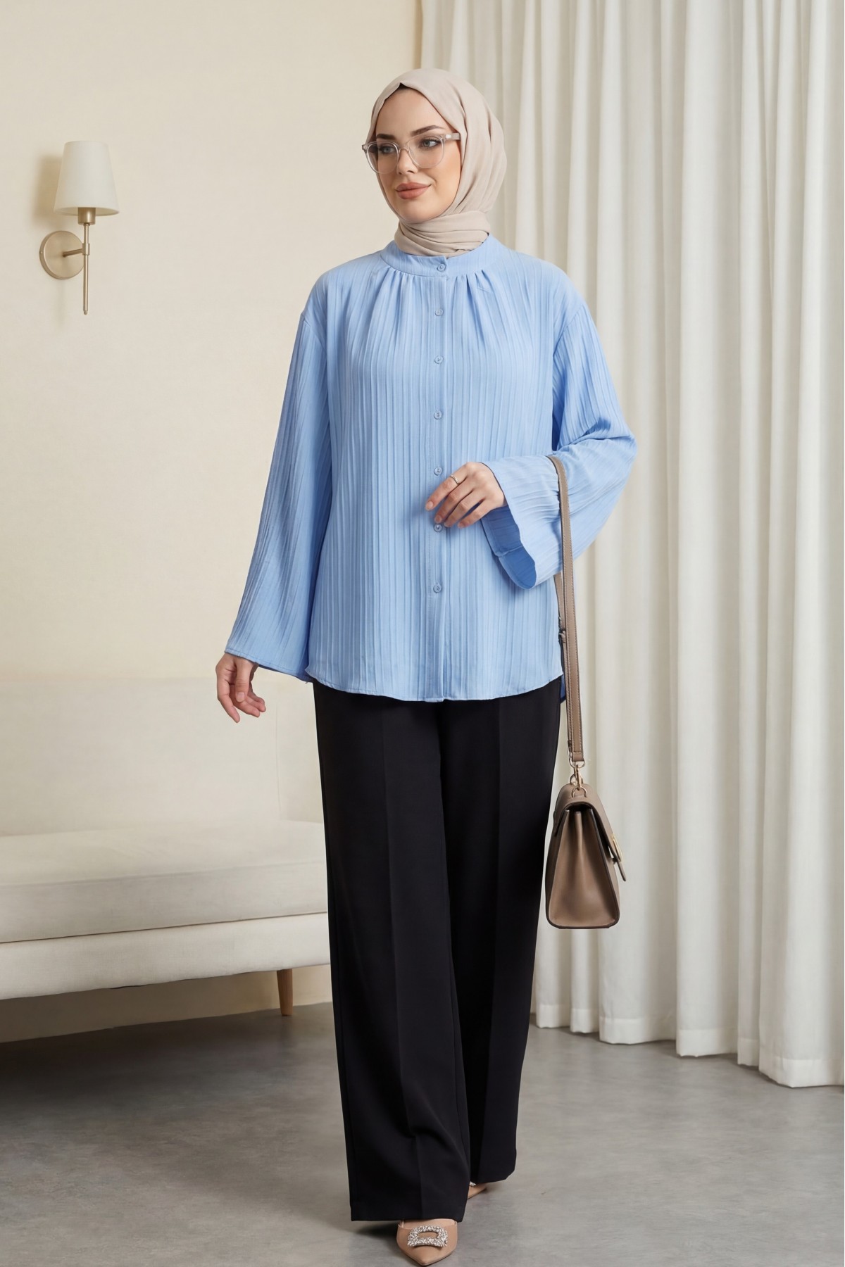 Yuvarlak Yaka Düğmeli İspanyol Kol Siena Tunik -Mavi