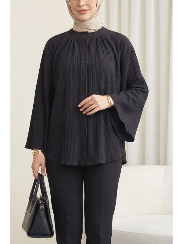 Yuvarlak Yaka Düğmeli İspanyol Kol Siena Tunik -Siyah