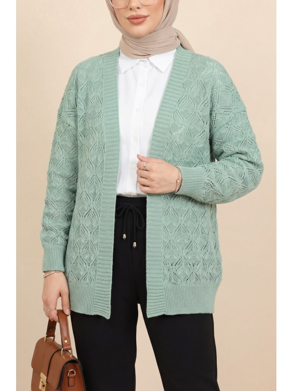 Desenli Araboy Örme Triko Hırka  -Mint